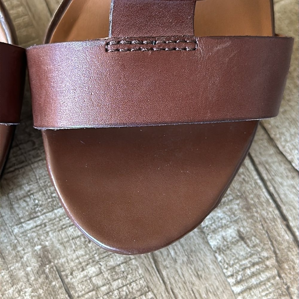 4.5” Stacked Wood Platform Leather Franco Sarto Betsy Chestnut Strappy Heels 9 - Picture 10 of 16